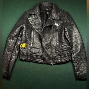 Forever 21 Faux Leather Moto Jacket Graphic Patches Black S